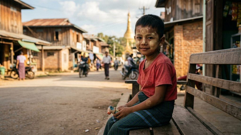 Niño de Myanmar con thanakha en el rostro
