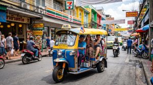 Tuk-tuks driving through the streets of Thailand