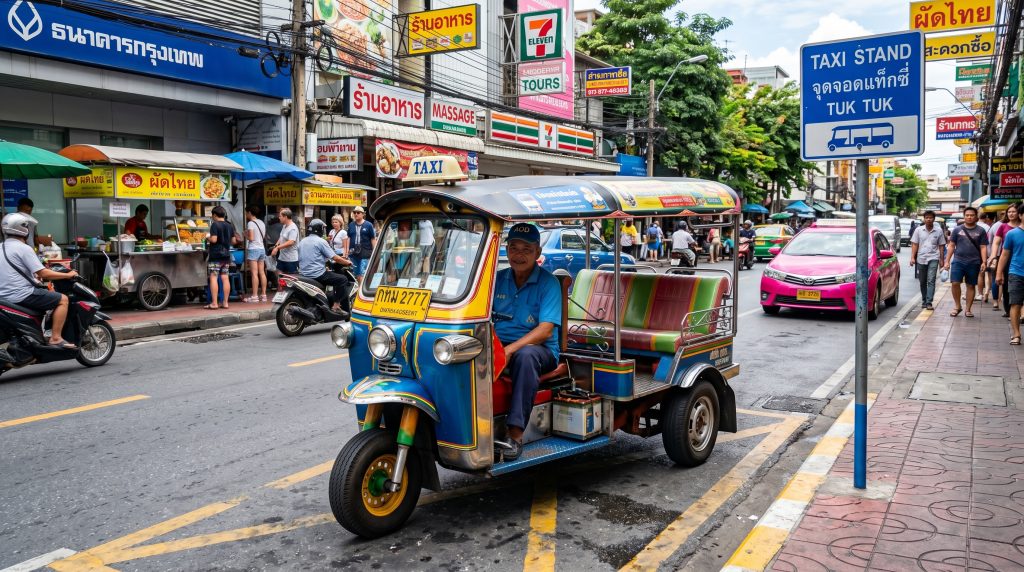 tuk tuk parado en una parada de taxis en tailandia